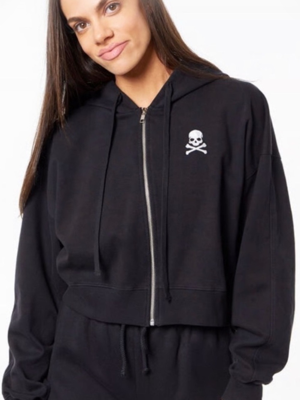 SoulCycle Black Skull Crossbones Spell-out Graphic Cropped Hooded Sweatshirt M